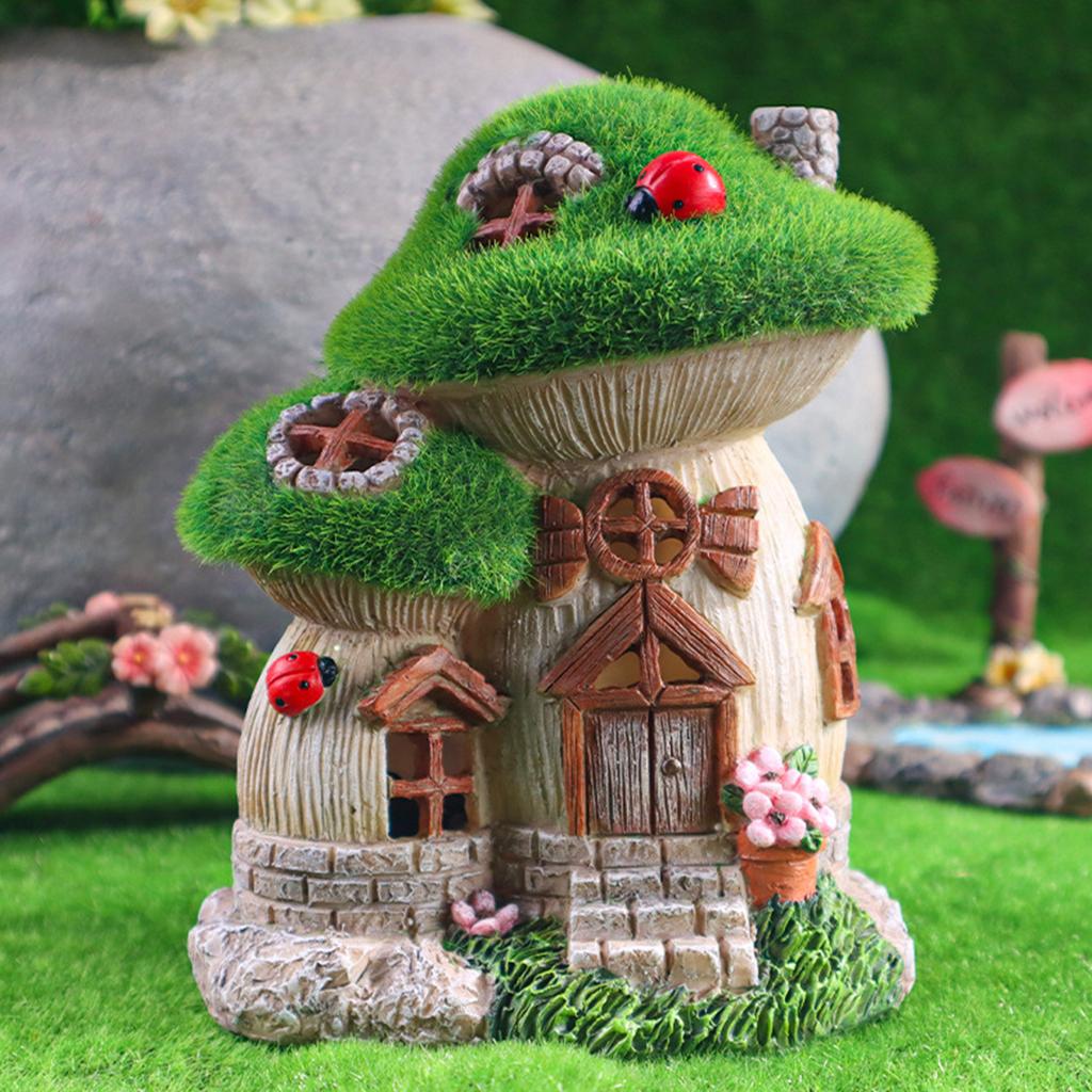 Charm Mushroom House Solar Lighted Outdoor Statue Waterproof Resin Patios Garden Decoration Ornament For Night Gardens