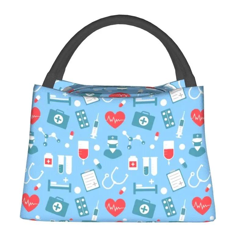 Nurse Nursing Tool Pattern Insulated Lunch Bag for Work Office Resuable Thermal Cooler Bento Box Women