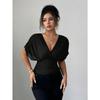 Women Solid Deep V Neck Short Sleeve Cinched Waist Sexy Casual Fitted Top