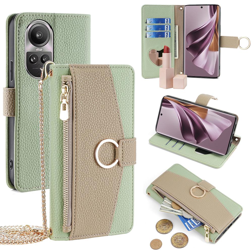 

For Oppo Reno10 5G (Global)/Reno10 Pro 5G (Global) Leather Case Zipper Pocket Phone Cover Green