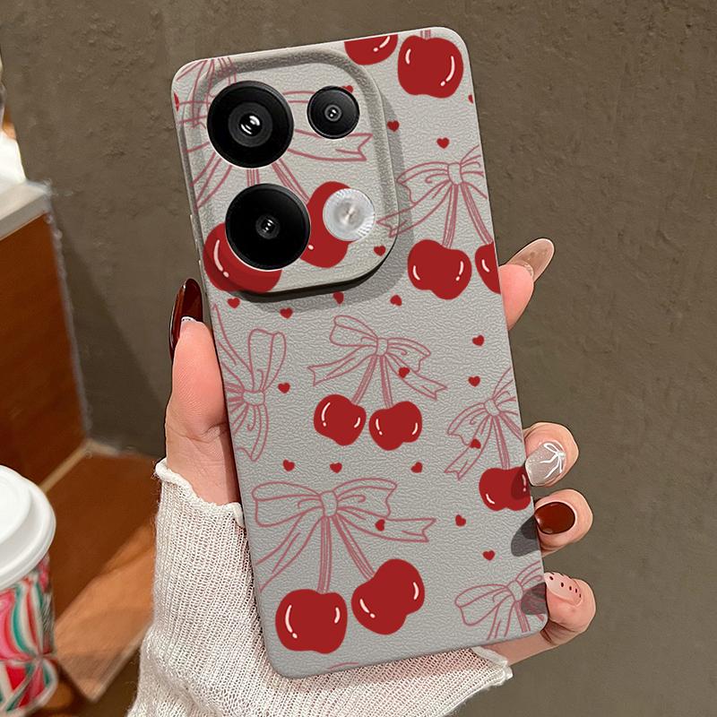 Cherry Bowknot Print Slim Soft Phone Case For Xiaomi 13T Pro Poco X7 X6 M6 Redmi 13C Note 14 13 Pro 12 11 Matte TPU Leather Texture Shockproof Cover