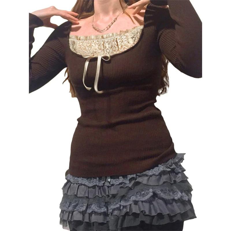 Y2k Women's Long Sleeve Knitted Tops Lace Stitching Neckline Knitwear Bowknot Decoration Slim-Fit T-shirt Pullovers Clubwear