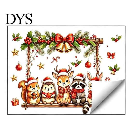 Christmas Window Clings Animals Decal, Static Cling Removable Sticker, Waterproof PVC Cute Seasonal Art Deer Bunny on Swing Decal for Living