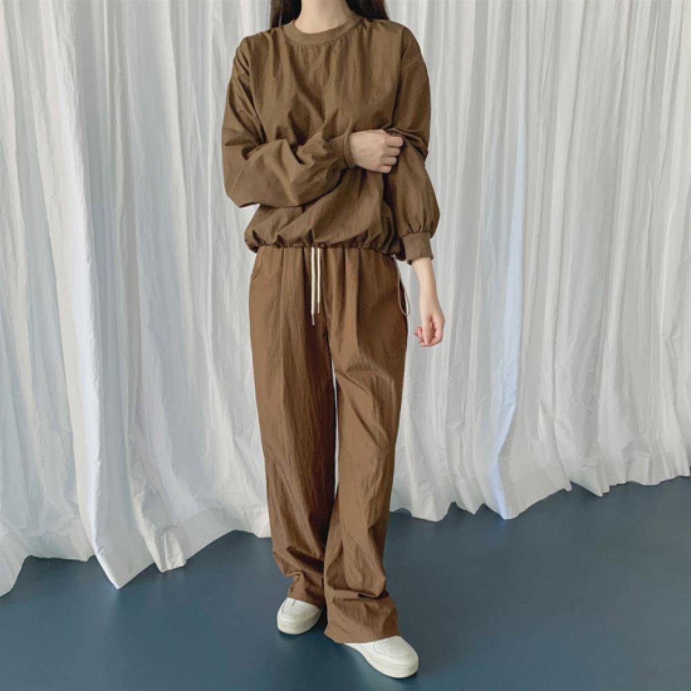 New Arrivals Open Run Women Street Style Crinkle Sweatshirt And Wide Pants Set