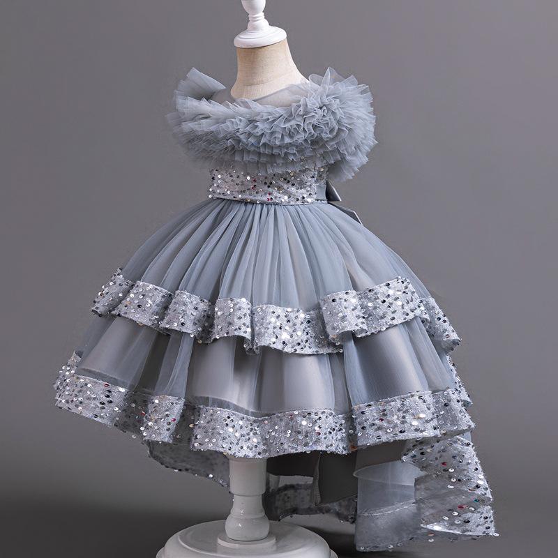 Girls Princess Puffy Tulle Trailing Dress Kids Party Performance Formal Wedding Dress 110cm