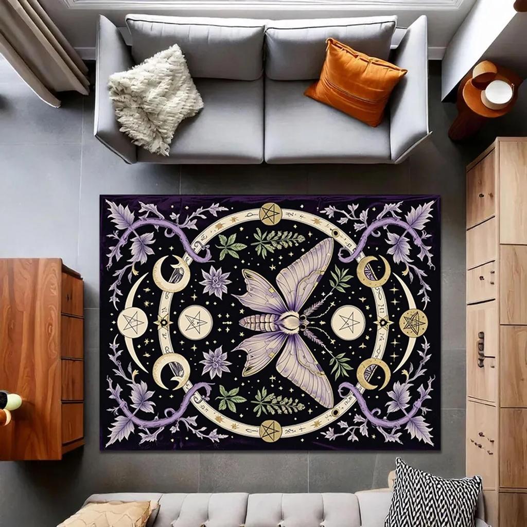 Mystischer Motten Teppich, Witchcore Lila Schmetterlings Teppich mit Mondphasen, Pentagramm Symbolen & Magischer Floraler Vintage Kunst, Gotischer Teppich