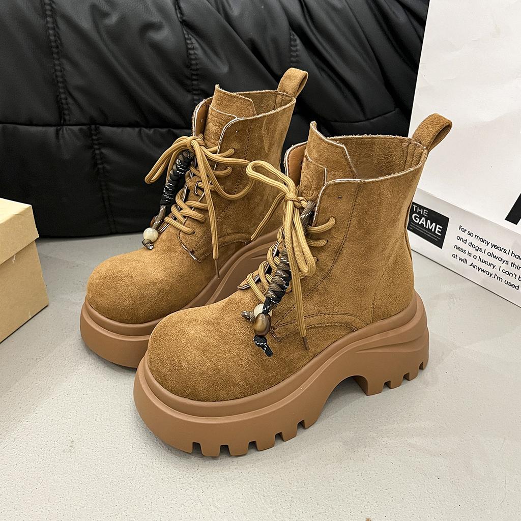 Thick-soled Heightened Big-headed Ugly Cute Martin Boots Women's 2025 New Autumn and Winter Fringed Locomotive Boots Short Boots Rhubarb Boots