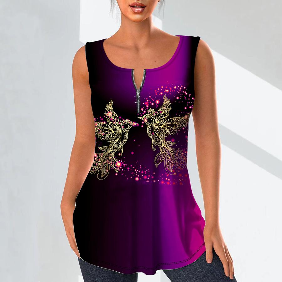 Women's Fashion V Neck Shirts Casual Tops T-shirt Ladies 3D Golden Bird Print Vest Plus Size Sleeveless Blouse Tank Tops