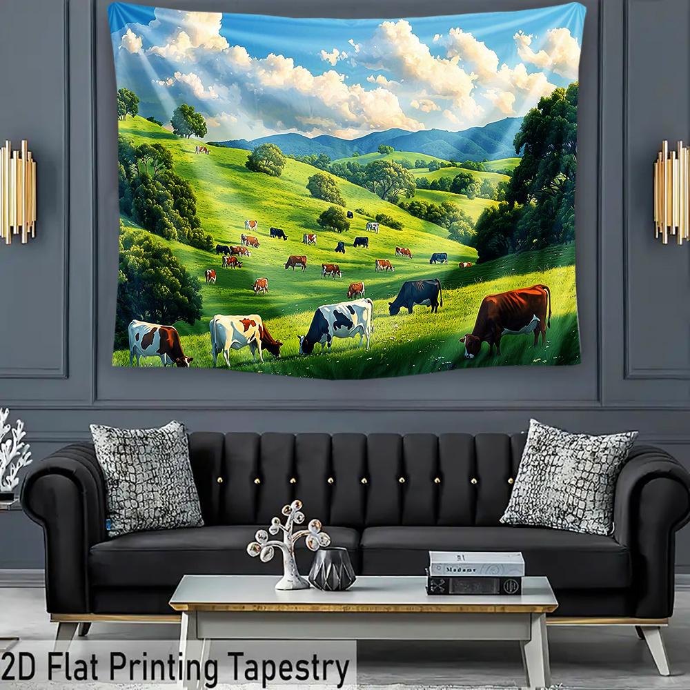 2D plane, 1 picture of a herd of cows leisurely walking in a green field,suitable for photography decoration and festive parties