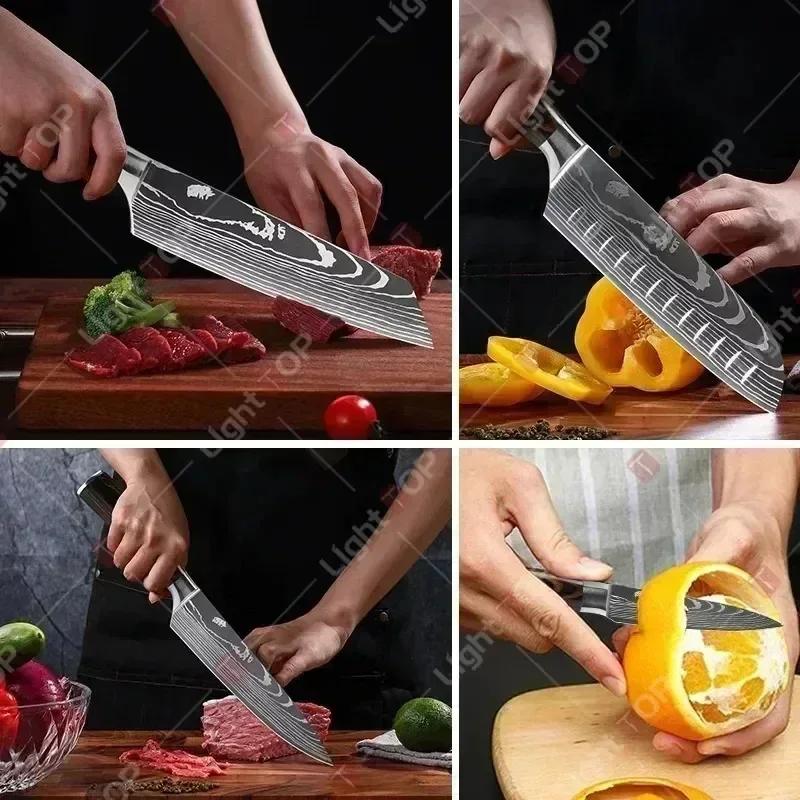 Damascus Laser Japanese Chef Knife Scissor Set Professional Kitchen Knives Santoku Knife Stainless Steel Boning Utility Knife