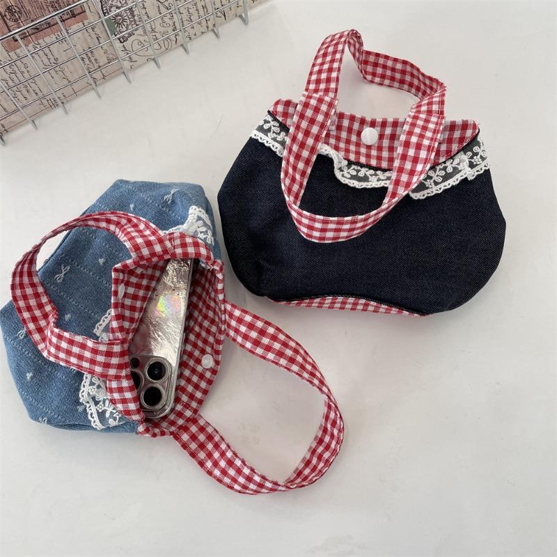 Sweet Lace Ctrast Color Women's Small Handbags Retro Denim Ladies Plaid Purse Tote Bento Bags Casual Bow Star Female Lunch Bag