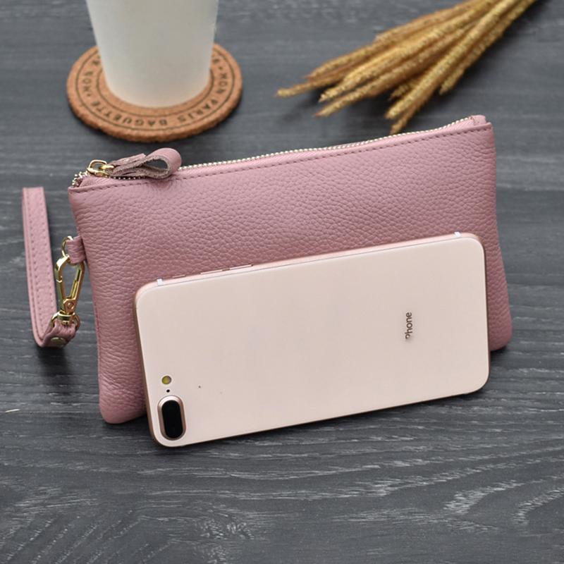 Simple Style High Capacity Womens Genuine Leather Phone Holder Long Purse Zipper Clutches HandBag with Wrist Strap