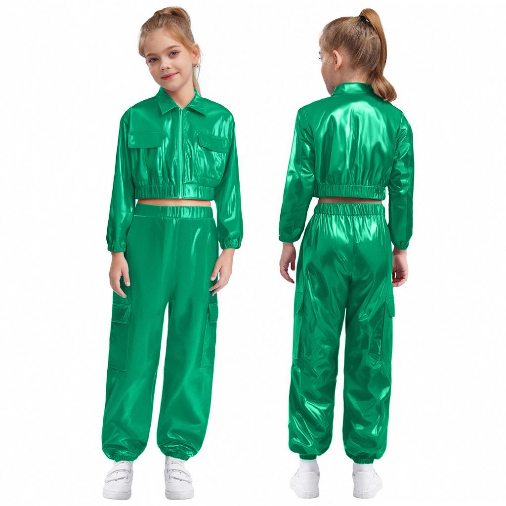 Unisex Kinder Hip Hop Tanzkostüm Metallic-Jacke mit Langarm-Umlegekragen und glänzendem Hosenset