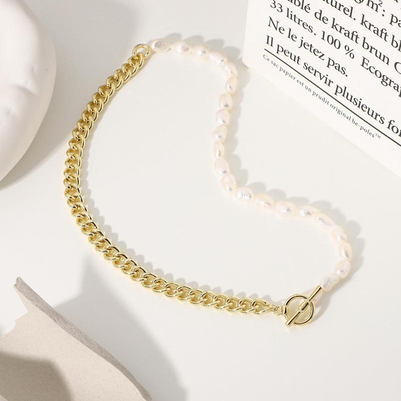 Freshwater Pearl Buttoned Titanium Steel Metal Chain Necklace - Metallic Style Pearl Necklace