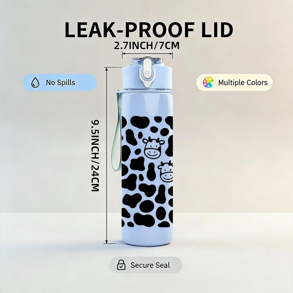 1PC Black White Cow Head Pattern 750ml Color Plastic Sports Water Bottle Leakproof Flip Straw Lid Suitable for Sports Office Home Use