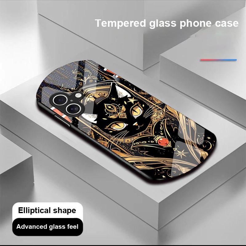 Black Gold Cat For Apple IPhone 16 11 13 15 14 Pro Max 12 Mini 7 8 Plus XR X XS Elliptical Shaped Tempered Glass Phone Case