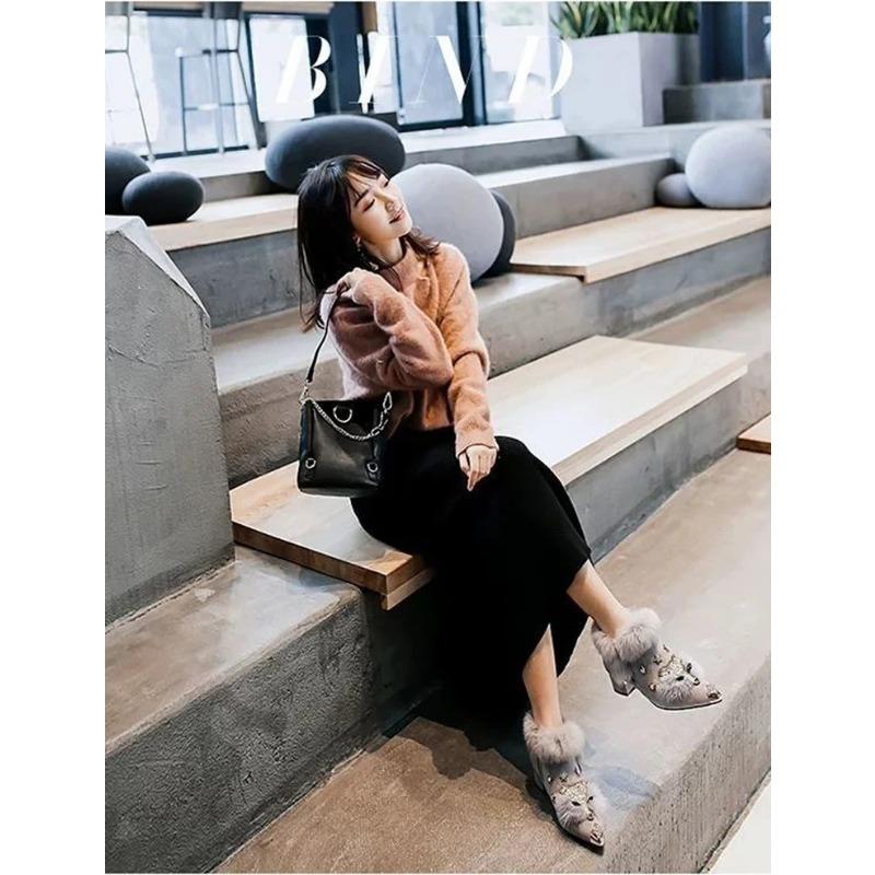 Dámské kotníkové boty Křišťálová hlava lišky Dámské boty Zimní móda Kovová špička Nadýšený plyš Vysoký podpatek Dámská svatební párty obuv