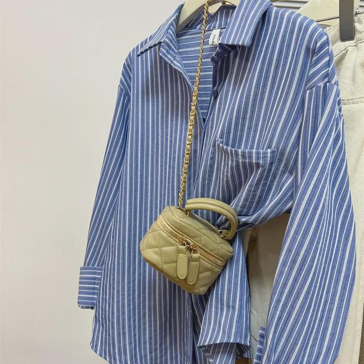 Women's Blue Striped Long-Sleeve Shirt Jacket - French-Inspired Spring 2024 Collection