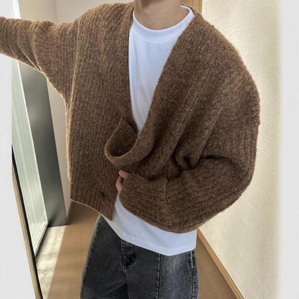 Men's Retro Mixed Color Chunky Knit Cardigan - High-End Loose-Fit Sweater