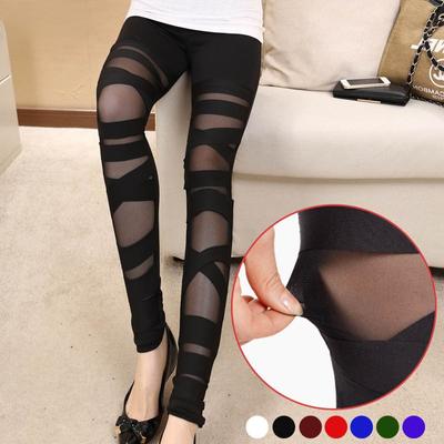 Sexy Bandage Cross Leggings Spring Autumn Mesh Patchwork Legging Women Ankle Length Slim Trousers