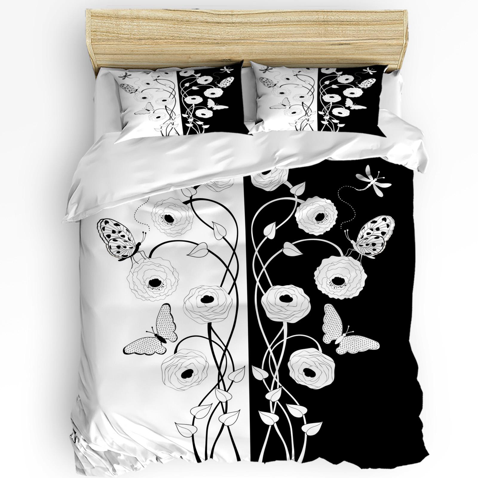 

Black And White Butterfly Flower Art 3pcs Bedding Set For Bedroom Double Bed Home Textile Duvet Cover Quilt Cover Pillowcase (135x200cm)