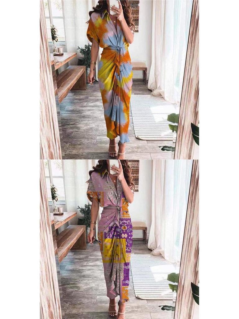 2026 Frühling Elegantes Sexy Bedrucktes V-Ausschnitt Bindeband High-Waist Kleid für Damen