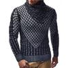 Men's Casual Solid-color Patchwork Style Long-sleeved High-neck Sweater, Men's Scarf Leather Button-down Pullover Knitted Sweater