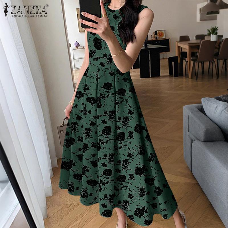 

ZANZEA Women Summer Round Neck Holiday Casual Sleeveless Print Dress S чорний