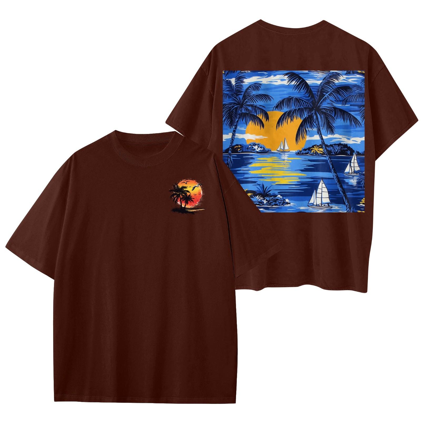 

Женский круглый вырез модный свободный гавайский принт короткие рукава S винный