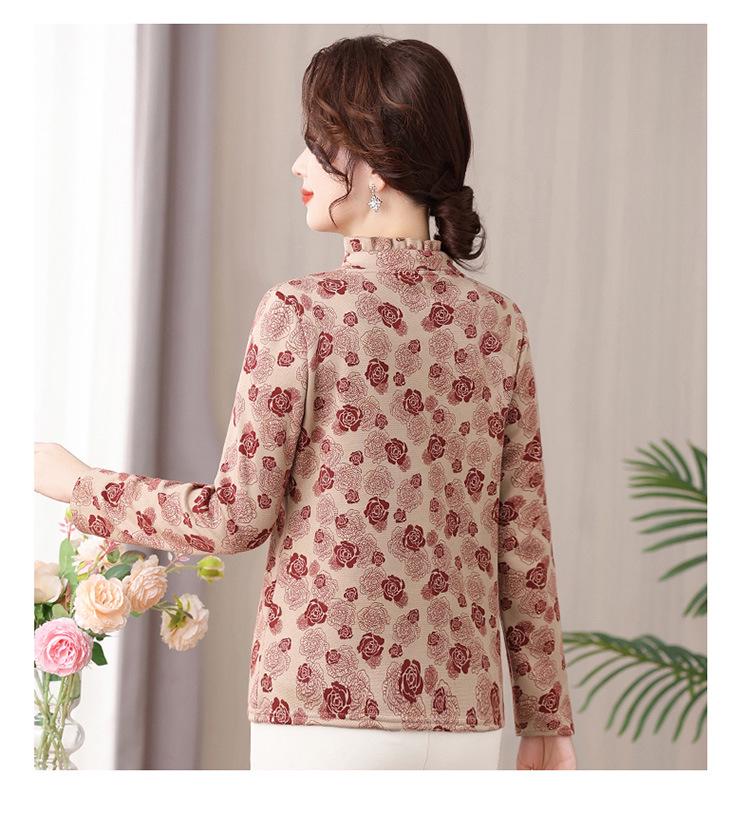 Stylish Patterned Autumn/Winter Shirts for Middle-Aged & Elderly Women - Loose Fit, Belly-Covering, Plus Size Base Layer.
