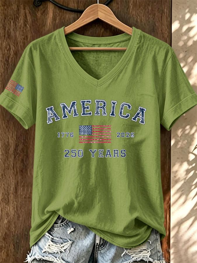 ilstile Women's America 250 Years Print T-Shirts Summer Short Sleeve Casual Loose T Shirt V Neck Tops White Tees Hot Sale