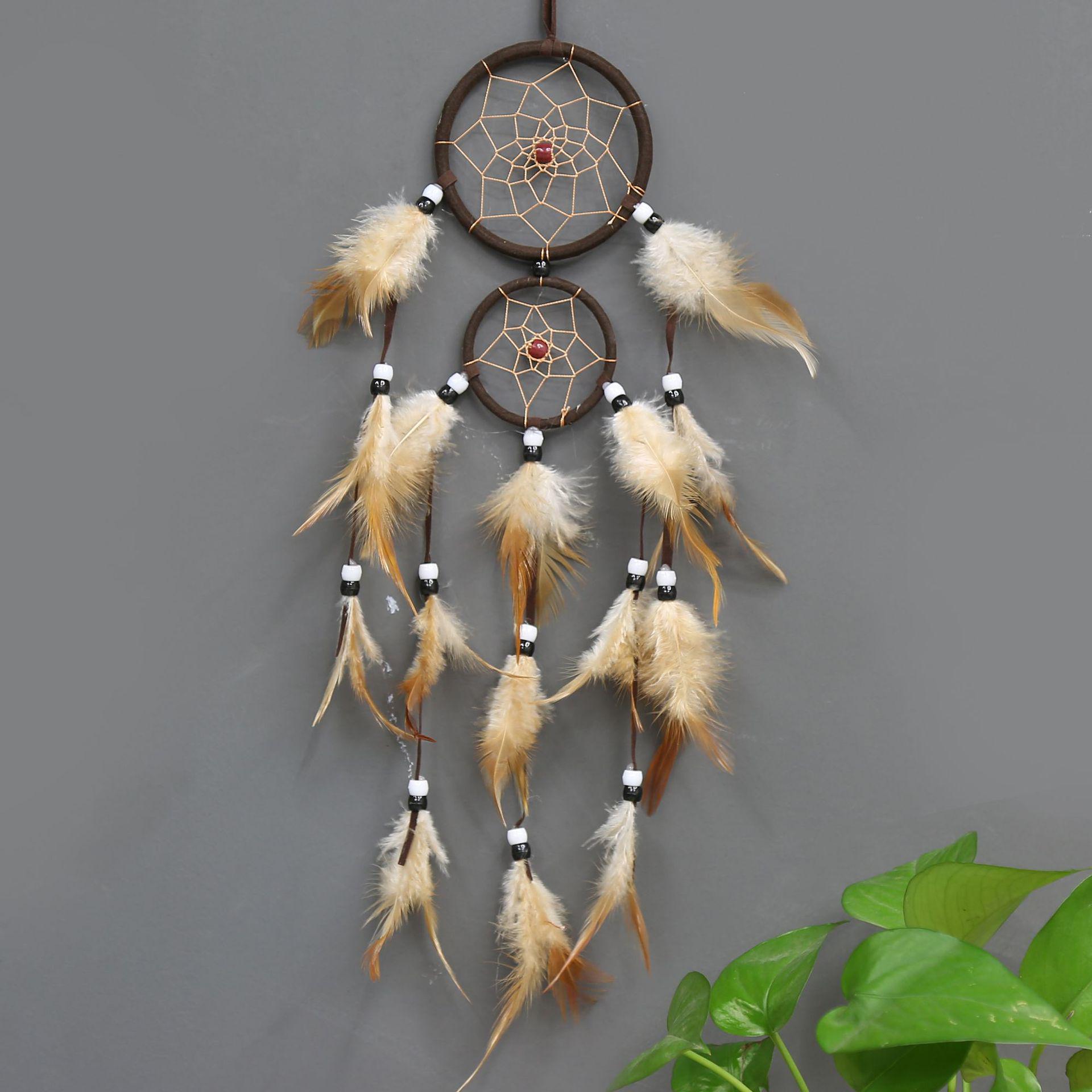 Индийский ловец снов с двойными кольцами – настенное украшение в виде колокольчика темно-коричневого