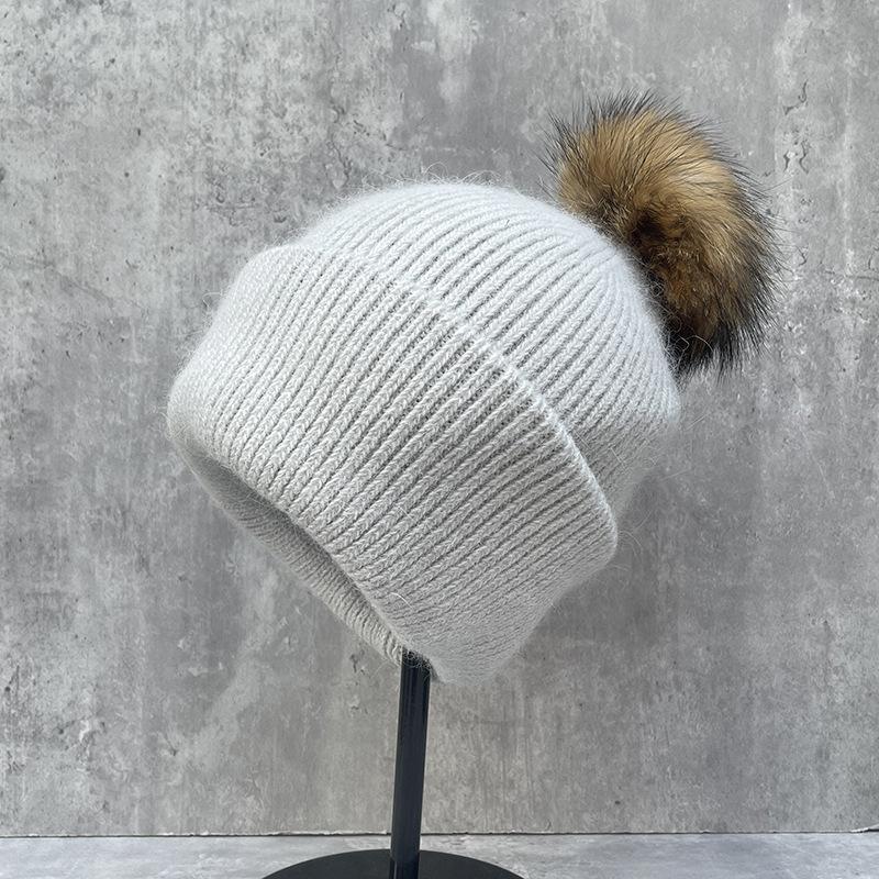 Winter Wool Hat Women'S Warm Ear Protectors Thickened Rabbit Fur Knitted Pile Hat Real Fox Hairball Hat