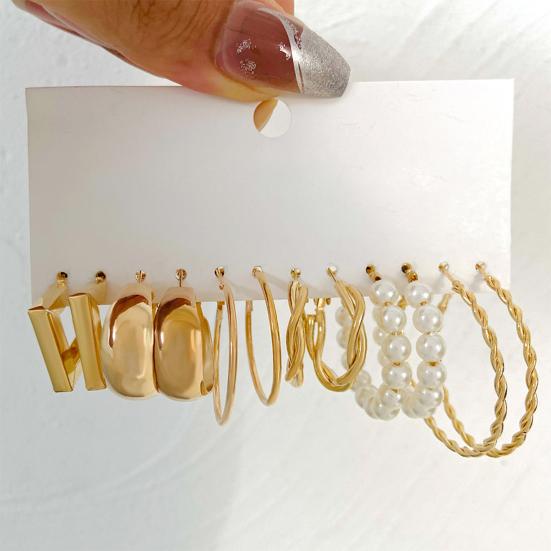 Yousheng 6 Pairs Women Hoop Earrings Simple Geometric C-shaped Twisted Faux Pearl Assorted Earrings Fashion Accessories Gift