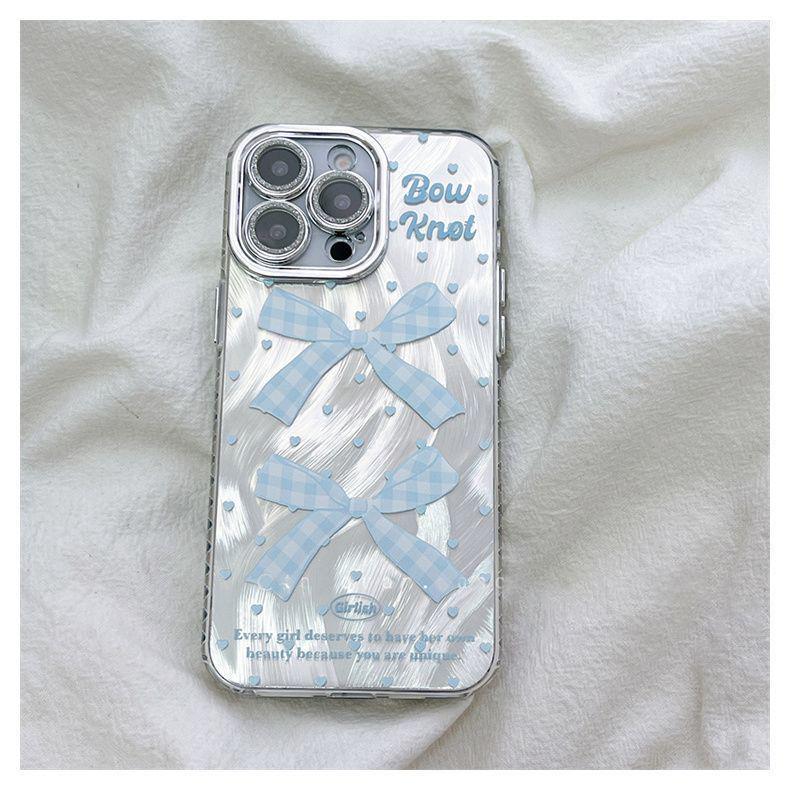 

Blue Bowknot Feather Yarn Phone Case with Precise Cutouts for Apple 17 Pro Max, Air Lens Film Compatible with Versions 14 and 13 iPhone 13