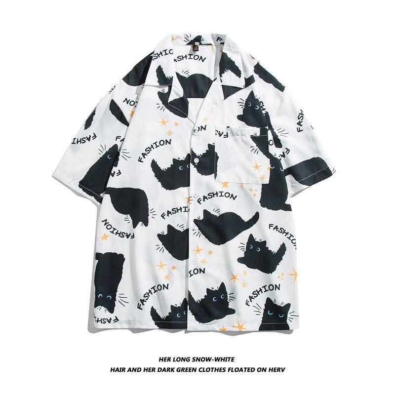 Straight Streetwear Fashion Casual Shirts Turn-down Collar Man Short Sleeve Button Printing Spring Summer Thin Men's Clothing