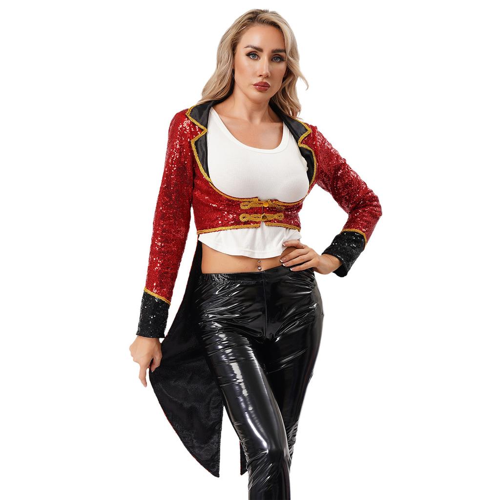 Women Adult Ringmaster Circus Costume Shiny Sequins Gold Webbing Trim Turn Down Collar Long Sleeve Buttons Tailcoat