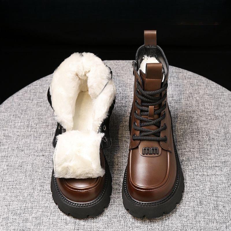 Kožené a kožešinové integrované sněhule pro ženy Zimní vlněné boty pro ženy Retro teplé bavlněné boty se silnou podrážkou s plyšovými a silnými bavlněnými botami