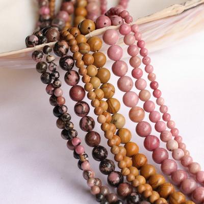 Natural Rhodonite Peach Blossom Jade Beads: Black Line, Red Vein, Yellow Wood Grain, 4-12mm Loose DIY Strands