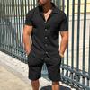 Herrkläder 2-delat set: Cardigan med slag och shorts - Enfärgad randig sommaroutfit