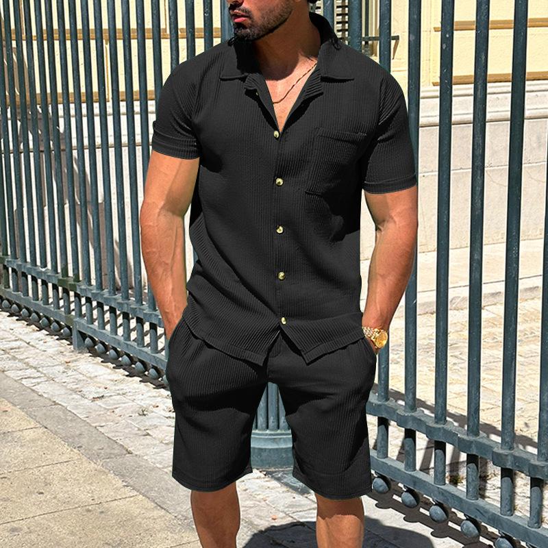 Herrkläder 2-delat set: Cardigan med slag och shorts - Enfärgad randig sommaroutfit