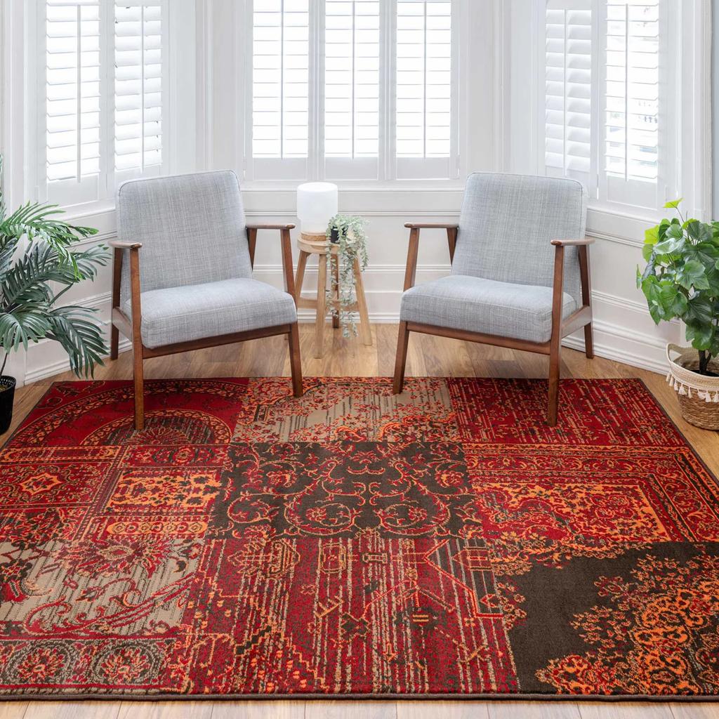 Terracotta Red Warm Patchwork Area Rug for Living Room Bedroom Decor Patchwork Wine Printed  Vintage Persian Carpet Non Slip
