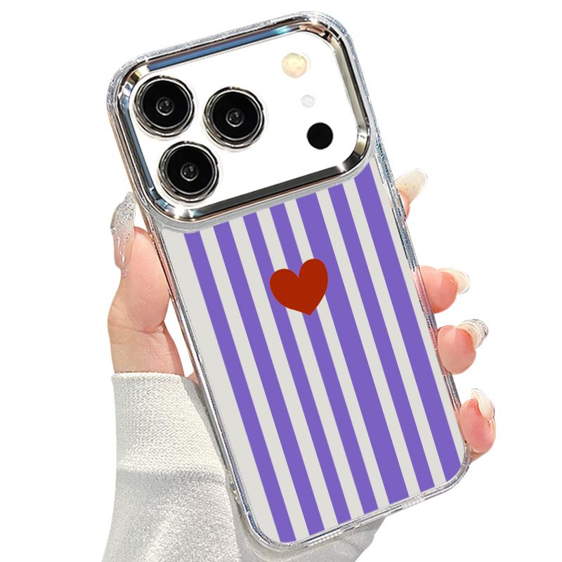 Stripe Heart Pattern Case For iPhone 17 18 Pro Max Plating Lens Frame Clear Soft Phone Cover For iPhone 16 15 14 13 Pro Max 17E