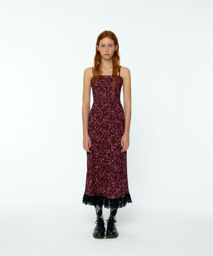 Lulu Seoul Check Flower Slim Long Dress (Burgundy)