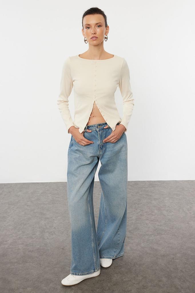 Women's Fashion Black Button Detailed Crew Neck Ribbed Flexible Regular Length Knitted Blouse