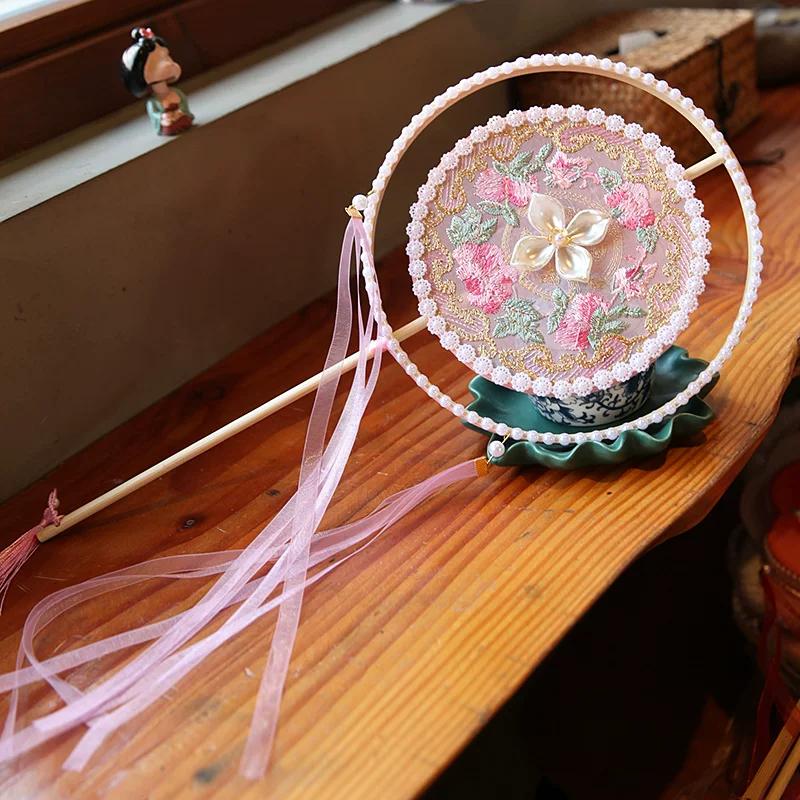 Double Petal Machine Embroidery Circular Fan Handicraft Photography Dance Court Retro Style Long Handle Bamboo Fan