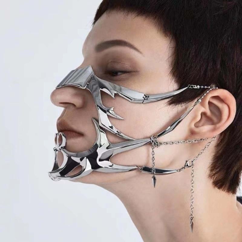 Luxuriöse Punk-Maske, flüssig, unregelmäßig, silberfarben, hohle Legierung, Gesichtskette, Accessoires für Damen und Herren, Partyschmuck