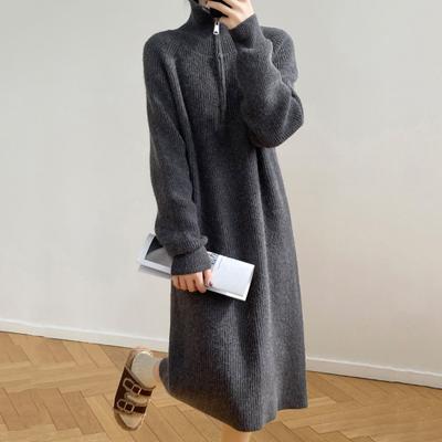 Yousheng Winter Sweater Dress Zippered Turn-down Collar Long Sleeves Loose Knitted Pure Color Striped Texture Midi Dress