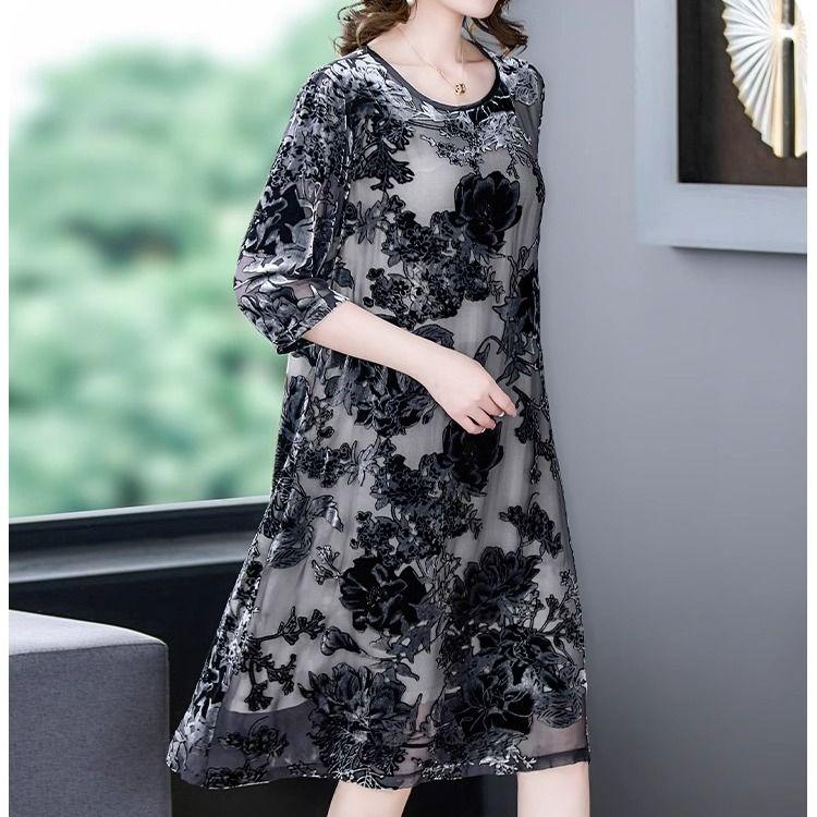 Women's Plus Size Dress Gold Velvet Floral Dress Loose Retro A-Line Dress Spring Autumn