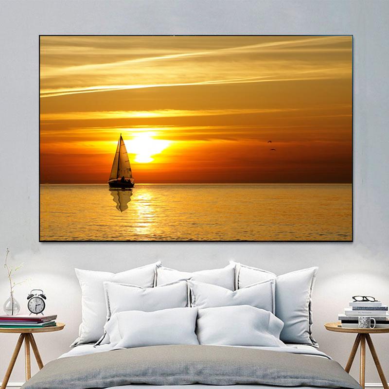 Sailing and Sunset HD Pictures Posters Prints Sailboat Surreal Ocean Birds Landscape Canvas Painting Wall Art Living Room Decor